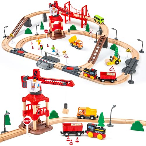86pcs Wooden Train Set with Crane, Wooden Train Track Set Railway Kits Fits Thomas Brio IKEA Melissa and Doug, Christmas Train Toys for Kids & Toddlers 3-5 Years Old Boys and Girls
