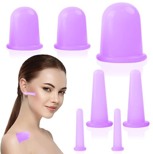 Mecmbj Schröpfgläser Silikon, 7 Stück Schröpfen Silikon mit Aufbewahrungstasche, Gesichtsschröpfen Vakuumnäpfe, Körper und Gesichtsmassage Werkzeugset, Cellulite Cup Schröpfen (Lila)