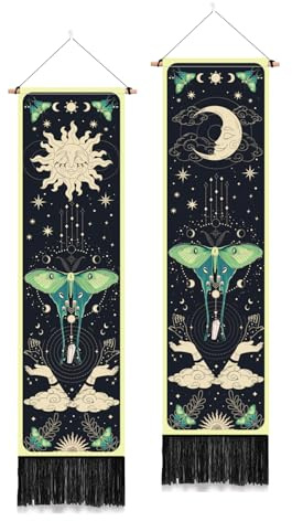 PLIGREAT 2 Pack Sun Moon Wall Tapestry Green Moth Vertical Tapestry with Tassels Aesthetic Cloud Star Wall Hanging for Bedroom Living Room Dorm Room Black Long Narrow Wall Art Decor