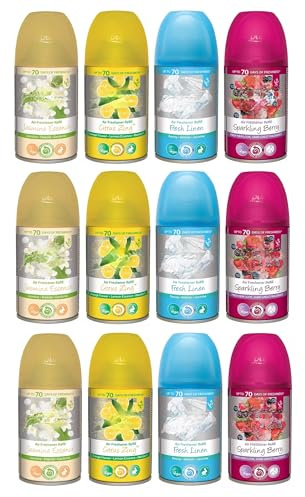 12 x 250ml Refills Bundle for Automatic Air Freshener Dispenser, Fresh Linen, Citrus Zing, Sparkling Berry & Jasmine Essence Scents for a Refreshing Home or Office