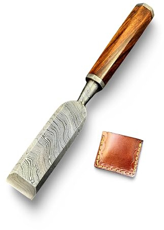 Handmade Wood Working Chisel 20mm | Damascus Steel Blade | Octagone Rosewood Handle | Premium Mortising & Carving Tool with Leather Edge Protector