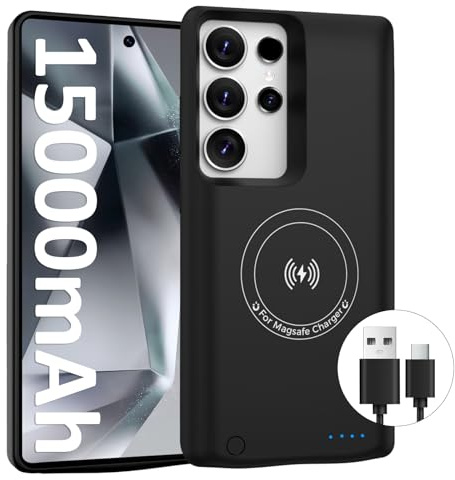 HUOBAO, custodia a batteria per Samsung Galaxy S24 Ultra (15.000 mAh), caricabatterie portatile esteso con caricabatterie GaN rapido, powerbank di riserva con caricatore wireless con cavo USB-C da 20