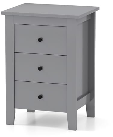 COSTWAY Nachttisch mit 3 Schubladen, Nachtschrank für Boxspringbett, Beistelltisch, Nachtkommode für Wohnzimmer Schlafzimmer, Grau, 46 x 37 x 65 cm