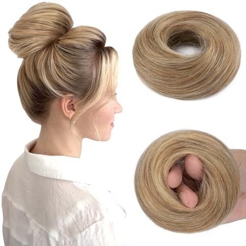 MY-LADY Haarteil Mit Gummiband Dutt Haarteil Haargummi Mit Haaren Glatt 100% Echthaar, Hochsteckfrisuren Haarverlängerung für Damen Mädchen (#6P613 Hellbraun/Blond,30g)