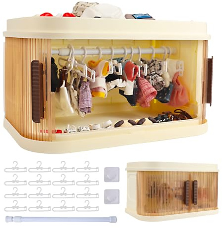 Doll Wardrobe with Sliding Doors,Suitable for 17cm/6.7in Dress-up Dolls, Used to Store Doll Clothes and Shoes. The Top Groove Can Hold Dolls' Hats and Ornaments, with 16 Coat Hangers