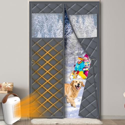 JUIN Magnetic Screen Door Curtains: Fit 32 x 80 Inches Door Size - Thermal Insulation Doors Curtain Cover for Winter Insulated Heat Magnets Closure - Gray (Curtain Size 34x82)