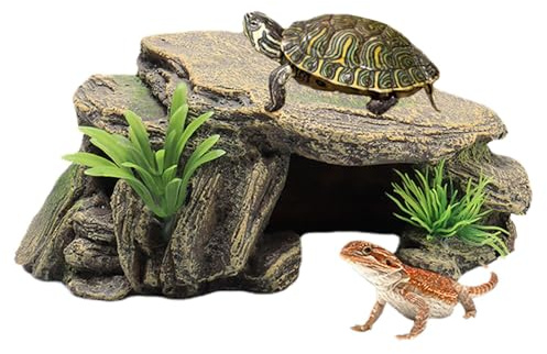 Abri pour Tortue en Résine Sûre, Cabane Décorative et Cachette Aquarium, Plateforme de Basking Réaliste pour Tortues d’Eau, Tortues Terrestres, Lézards et Amphibiens (9,5x16x6,5 cm)