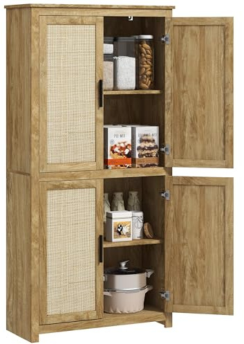 HOMCOM Alacena de Cocina, Mueble Auxiliar de Cocina Alta, con 4 Puertas de Ratán y Estantes Ajustables, Estilo Bohemio, Natural, 80x33x162,6 cm