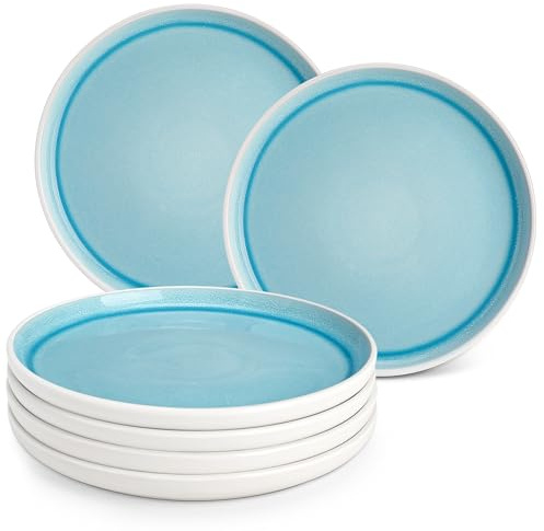 Steingut Teller Set 6 personen, vancasso ELBA Speiseteller flach ø 26 cm, Essteller für Pasta, Salat, Dessert, Frühstück, Geschirr für Spülmaschine und Mikrowelle, Servierteller mit randerhöhung, Blau