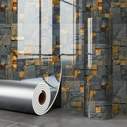 ESSMOKO Tapete Vergoldete selbstklebende wasserfeste Tapete in Marmoroptik mit Keramikfliesen-Imitation für Küchen-und Badezimmerwände Golden Rock 40 * 300cm