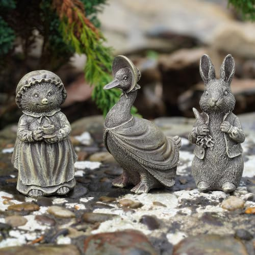 Set 3 Jemima Puddle Duck + Peter Rabbit + Mrs Tiggywinkle Resin Ornament Statue Home Garden Ornament Mini Sculpture Decoration