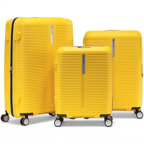 Eminent Finno Kofferset 3-Teilig, Erweiterbar, Hartschalenkoffer, 4 Rollen, Leicht, TSA Schloss, Handgepäck Mittel Groß, Reisekoffer Rollkoffer Urlaub Reise Gelb