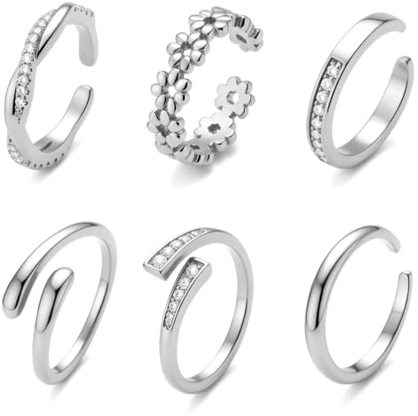 Wanmu 6 stycken tåringar 14 karat tåring silver för kvinnor justerbart blomhjärta öppen tå ring blomma enkel och diamanter tumringar sommar strand fotsmycken för kvinnor strandfest