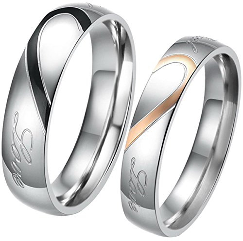 JewelryWe Schmuck 1 Paar Edelstahl Love Herz Partnerringe Freundschaftsringe Eheringe Trauringe Verlobung Ringe Band, Schwarz Gold Silber, mit Geschenk Tüte