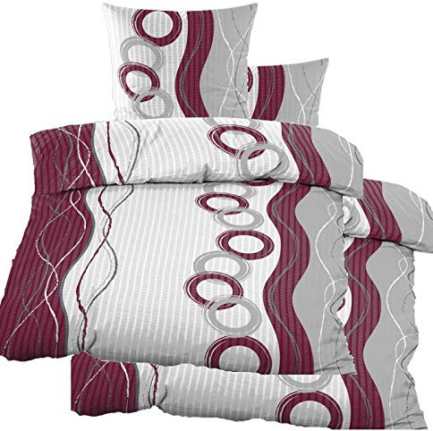 KH-Haushaltshandel 4-TLG. Seersucker Bettwäsche 2X (135x200 +80x80cm), lilabeere grau weiß Kreise, bügelfrei, Microfaser (60316)