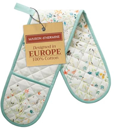 Maison d' Hermine Double Oven Mitts 100% Double Cotton Oven Glove 18 x 89cm | Heat Resistant BBQ Cooking Gloves with Loop Baking Grilling Kitchen Hotel Home Farmhouse Spring Summer - Colmar
