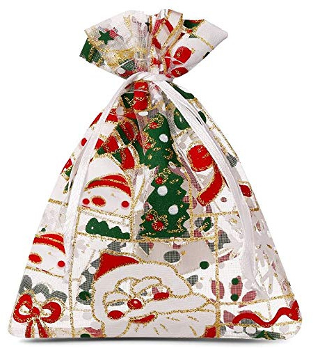SAKETOS Weihnachten Organza Beutel 10 Stück Stoffsäckchen mit Weihnachts Motiv Geschenksäckchen Organzasäckchen mit Zugband Geschenkverpackung Weihnachts Dekoration I 22 x 30 cm – Weihnachtsmann