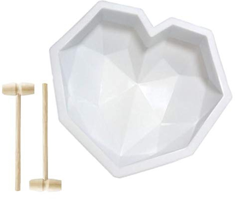 3D Diamant Herz Silikon Kuchenform mit 2 Holz Hämmern, geometrische Liebes Pop Form, heiße Schokolade Bombe Süßigkeiten Mousse Dessert DIY zerbrechlicher Schwamm Cupcake Backform (weiß)