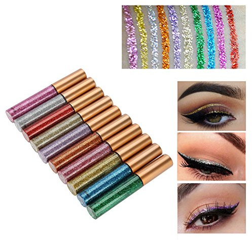 10 Farben Liquid Glitter Eyeliner, Eyeliner Bright Crystal Metallic Shimmer Eyeshadow Long Lasting Waterproof Sparkling Lidschatten Glittering Colorful Diamond Glitter Liquid Set