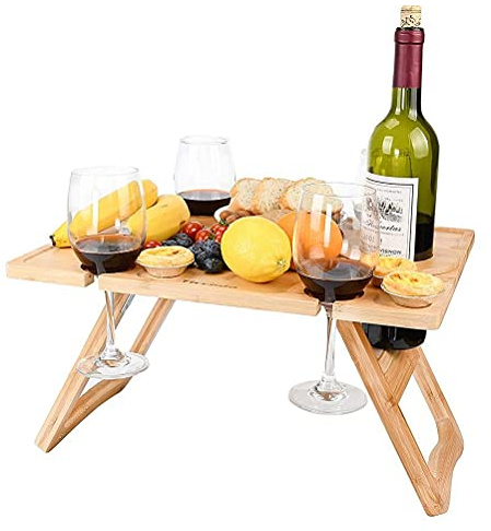 Lybring Wein-Picknicktisch für den Außenbereich, zusammenklappbar, tragbar, Picknicktisch und Käsetablett mit Lebensmitteln, Massivholz, Weinglas-Tisch für Konzerte im Park, für Garten