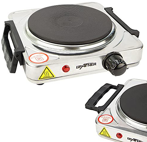 Grafner Edelstahl Kochplatte mit klappbaren Griffen, 1000 Watt, 1 Massekochfeld mit 1x Ø 155 mm, stufenlose Temperatureinstellung, robustes Edelstahl-Gehäuse, Kochfeld Herdplatte Campingkocher silber