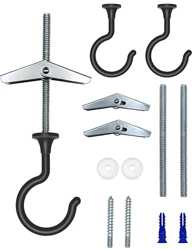 NACETURE Large Swag Hooks Plant Hooks for Ceiling Hooks for Hanging Plants - Ceiling Hangers Heavy Duty for Hanging Light - Chandelier Hook Ceiling Installation for Cavity Wall Fixing (Black 2 Pack) | For hanging plants, light fixtures and décor with cavity wall hardware.