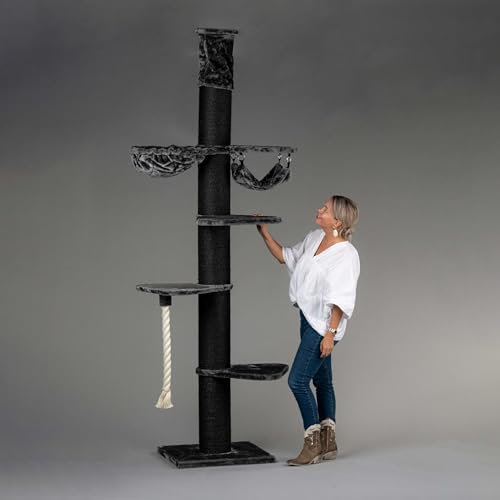 RHRQuality Kratzbaum für große Katzen – Maine Coon Tower Crown – 270 bis 290 cm hoch – mit extra dicken 20 cm Sisalstämmen – Blackline Dunkelgrau