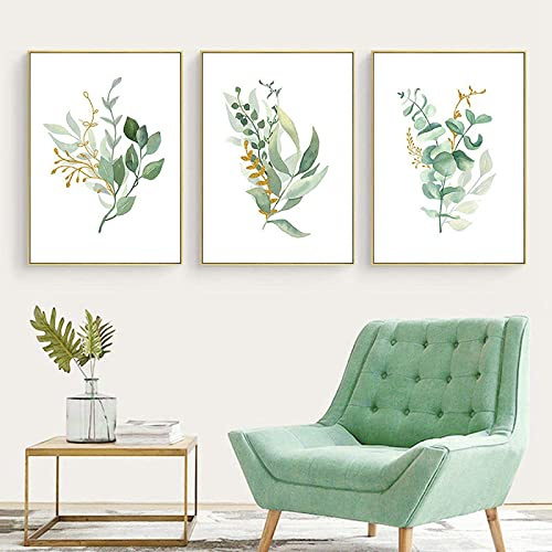 HTWLMM Botanique Vert Plante Feuilles Toile Peinture Affiche Et Impressions Images Murales pour Chambre Salon Decoration sans Cadre (Peintures A,3X30X40CM)