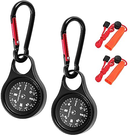 eROOSY 2 Stück Mini Schlüsselanhänger Kompass, Kompass Outdoor Wasserdicht, Kompass Outdoor Klein, Kompass Karabiner Funktions, Zinklegierung Kompass für den Außenbereich mit Pfeifen