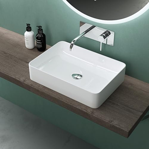 Mai & Mai Lavabo da Appoggio 50x35x11cm, Lavandino Bagno in Ceramica con Nano Rivestimenti inclusi, Bianco, Brüssel105