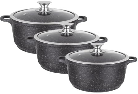 Kamberg - Set di 3 pentole 20/24/28 cm - Ghisa di alluminio - Rivestimento tipo pietra - Coperchi in vetro - Tutti i fuochi inclusi induzione - Senza PFOA - 0008169, nero
