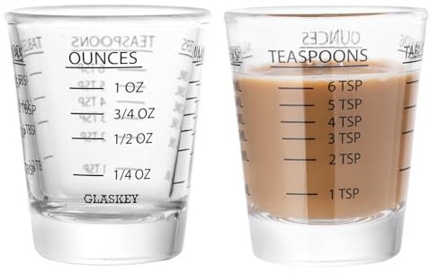 GLASKEY Juego de 2 Vaso Medidor de Chupitos,Taza medidora de Vidrio pequeña con cuatro métodos de medición(oz/ml/TSP/TBSP),Apto para lavavajillas,Perfecto para el Café,los Cócteles y la Cocina(Negro)