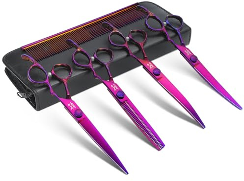 JASON Dog Grooming Scissors Set - Professional 6 in 1 Dog Shears Kit - 6.5 Thinning, 7 Straight, 7 Up-Curved, 7 Down-curved Scissors and Comb for Cat Pet with Adjustable Screw (Purple) Gift