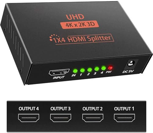 Mokeum Splitter HDMI 1 IN 4 OUT 3D 4K 1080P, HDCP 1.4, Amplificatore di distribuzione HDMI, Cavo USB, Compatibile con PC, PS3, HDTV, Proiettore, Blu-ray, DVD