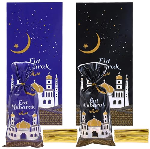 100 stycken Eid Mubarak partypåsar presentpåsar, ramadan-tema, moské, tryckt mönster, fest, godispåsar, ramadan, presentpåse med 100 slipsar för Eid Mubarak-fest, dekoration (C)