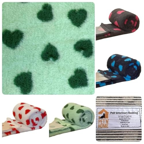 PnH Veterinary Bedding® Literie vétérinaire antidérapante en polaire pour chiot/chien/animal domestique Motif cœurs Vert menthe 100 x 75 cm