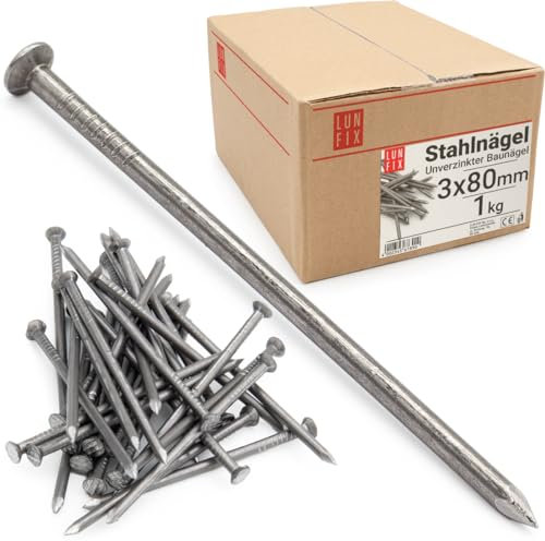 Chiodi in acciaio grezzo 3,0x80mm 1kg, lunghi e resistenti per legno e muro, testa piana per fissaggio e costruzione, chiodi da carpentiere e ferramenta, per bricolage e lavori fai da te, Lun Fix