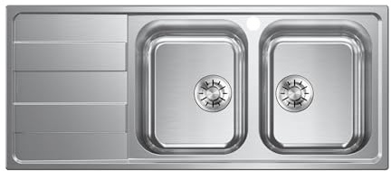 Evhoc Lavello Sopratop 116x50 cm 2 Vasche Destra con Gocciolatoio, AURA L | Lavandino in Acciaio Inox AISI 304 con Finitura Satinata, Piletta e Sifone Inclusi, Made in Italy, Facile Pulizia