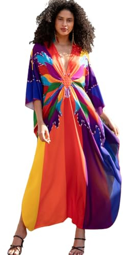 XIVISTO Donna Caftano Maxi Abito da Spiaggia Lungo Copricostume da Bagno Bohemien Floreale Estivo Vestito Scollo a V