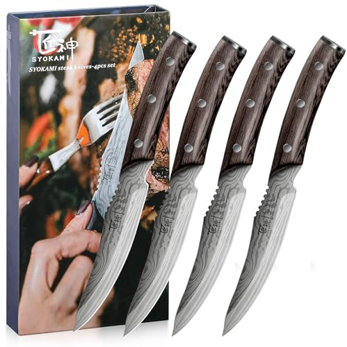 SYOKAMI Steakmesser Set 4 Teilig, 12,2cm Ugezahntes Steakmesser aus japanischem Edelstahl mit hohem Kohlenstoffgehalt und Holzgriff, Damastmuster, Full-Tang-Design, rasiermesserscharfe Tafel
