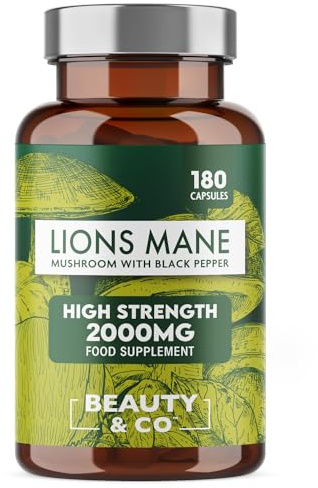 Lions Mane 2000mg with Black Pepper 180 Capsules - 6 Months Supply of High Strength Lions Mane from Beauty & Co Brand, 1 Capsule = 1 Serving, Vegan, Made in The UK.
