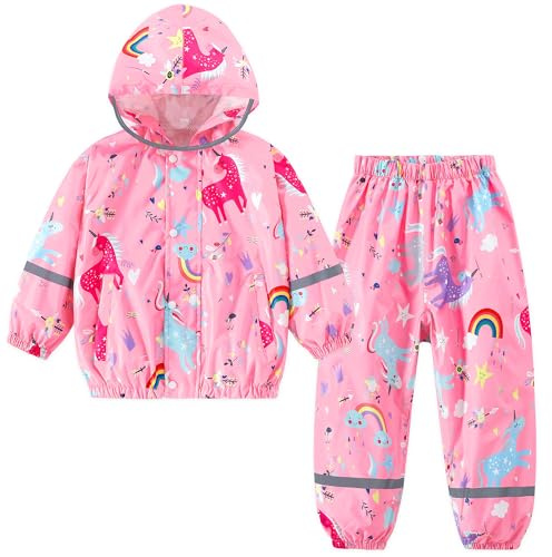 Domueay Regndräkt barn flickor pojkar vattentät regnjacka och regnbyxor andas lätt regnkläder huva tvådelad regndräkt unisex regnset för småbarn baby 1–7 år, 86–122, ROSA, 3-4 År