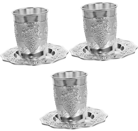MAGICLULU 3er-set Pessachbecher Mit Untertasse Versilberte Jüdische Schabbatbecher Aus Zinklegierung Für Feiertage Und Feste