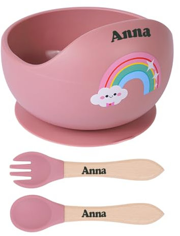 TYRY.HU Coffret Repas Nom Personnalisé Bebe,Enfant Silicone Set Couverts Vaisselle pour Sevrage Manger Apprentissage,Set Vaisselle Repas Bébé,Cadeau Coffret Repas Bébés