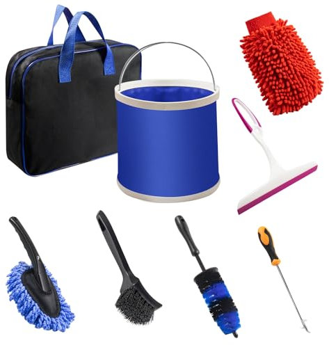 Kazaigou 8PCS Car Wash Cleaning Kit, Car Detailing Set with Storage Bag,Collapsible Bucket, Wash Mitt, Tire Brush, Window Scraper, Duster and Stone Remove Hook, Complete Interior Exterior Car Care Kit