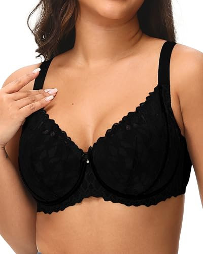 Svmer Women‘s Lace Bra Plus Size Comfortable Ladies Support Underwire Push Up Bra All Black 38DD