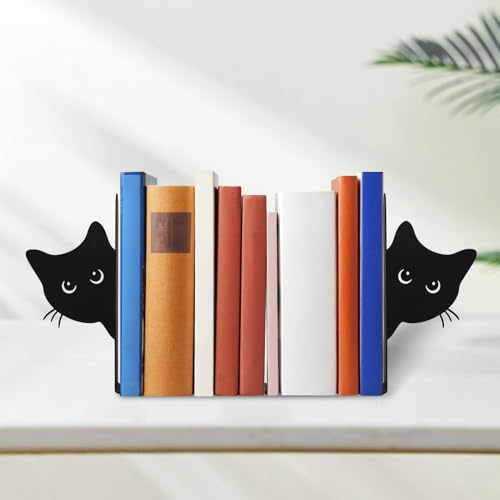 Ghshanog 2 Pcs Metal Bookends,Decorative Cat Book End Holder for Shelves Bookshelf,18cm Black Anti Slip Book Stopper for Home Office Library School (Full-face)