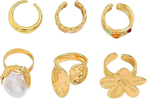 Yamobi 6 Pezzi Set di Anelli Dorati, impermeabili, ideali per Donne, con Fiori, Perle e Cristalli, Confezione di Anelli Semplici e di Moda impilabili per ogni Occasione