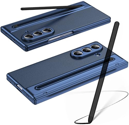 Hülle für Galaxy Z Fold7 mit Stylus Pen, Z Fold 7 Cover mit Displayschutzfolie vorne + S Pen-Steckplatz, Lederhülle für Samsung Galaxy Z Fold7 mit Scharnierschutz-Blau