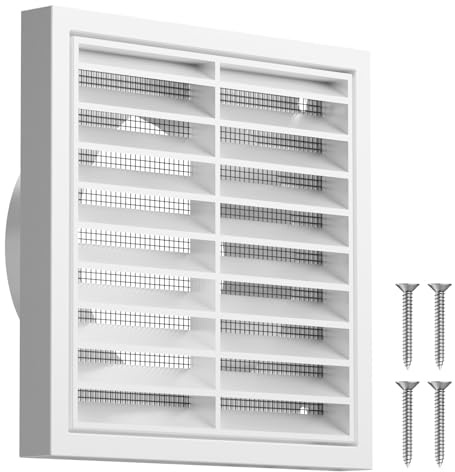 Hon&Guan 100mm White Louvred Wall Vent Grille 4 Inch External Air Vent Cover with Flyscreen for Tumble Dryer, Extractor Fan, Garage, Bathroom, Kitchen, Exterior Walls, Attic